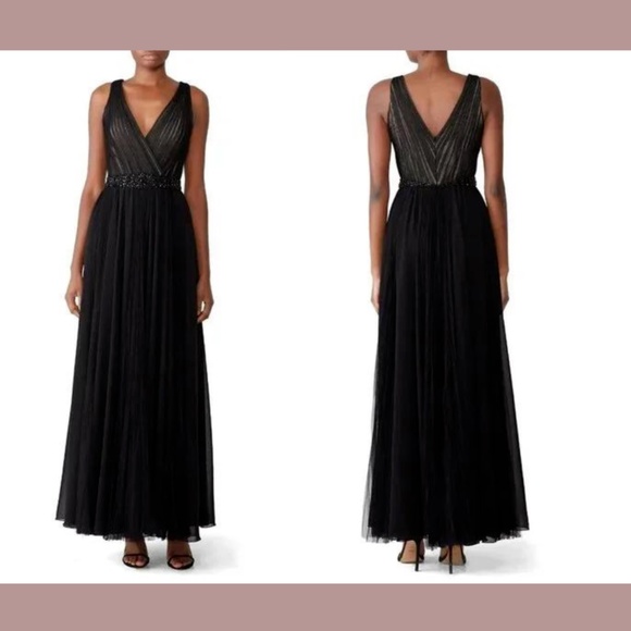 EUC‎ $795 Badgley Mischka [ 10 ] Embellished Waist Mesh Gown in Black - Picture 1 of 16